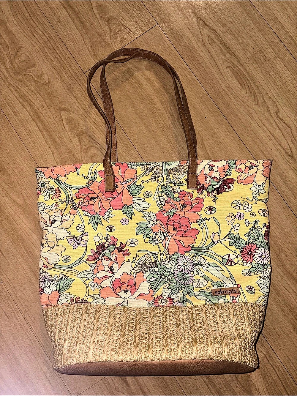 sakroots Artist Circle Metro Tote Floral Woven Yellow & Brown